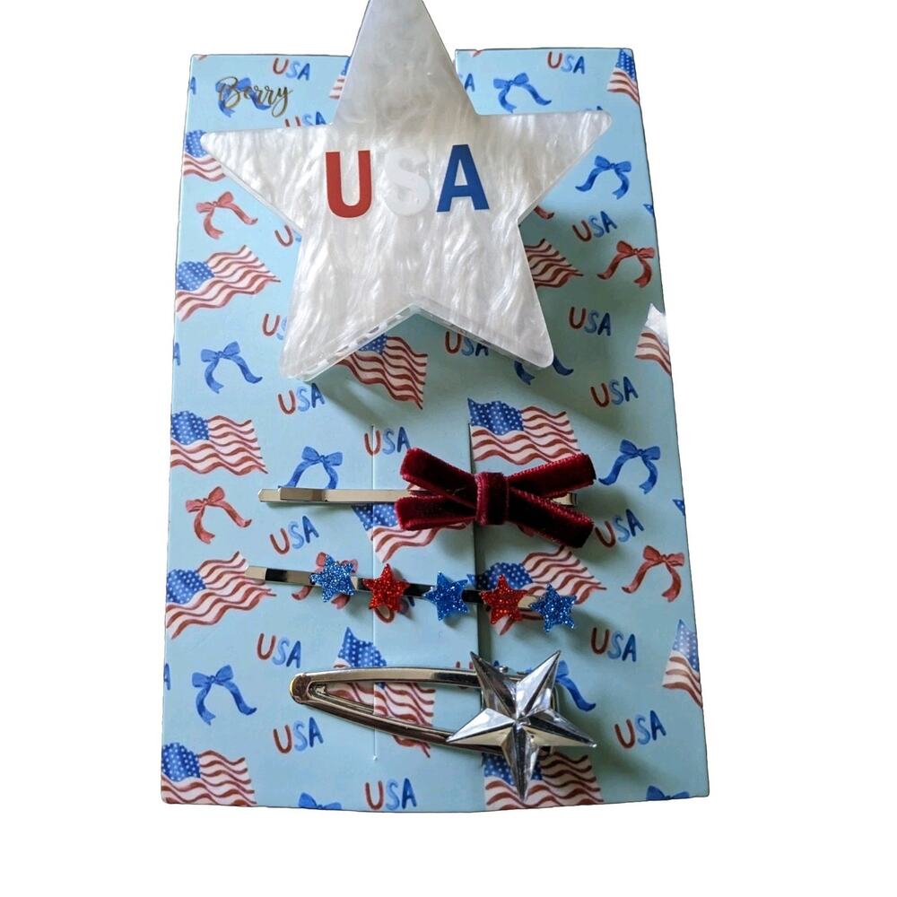 New Berry Nordstrom 4-Pack USA Hair Claw Clip Star Red White Blue Bow Velvet